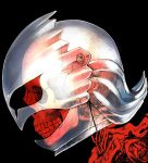  1boy behelit berserk black_background griffith_(berserk) helmet highres male_focus nisino2222 open_mouth parted_lips simple_background skeleton skull solo teeth 