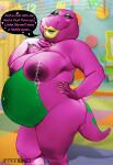  absurd_res anthro areola band1tnsfw barney_and_friends barney_the_dinosaur bedroom_eyes big_areola big_breasts bodily_fluids breasts colored_nails crossgender detailed_background dialogue digital_drawing_(artwork) digital_media_(artwork) dinosaur english_text eyelashes eyeshadow female female_focus hand_on_chest hand_on_hip hi_res lactating lips long_nails makeup markings milk nails narrowed_eyes offscreen_character offscreen_male overweight portrait pregnant pregnant_female reptile scalie seductive solo spots spotted_markings talking_to_viewer text thick_lips thick_thighs yellow_lips yellow_nails 