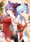  2girls :o absurdres ahoge alternate_costume arm_up armpits bangs bell black_pantyhose blue_hair bow braid breasts christmas cleavage closed_mouth commentary cone_hair_bun double_bun dress fur_trim ganyu_(genshin_impact) genshin_impact gloves goat_horns hair_bow hair_bun highres holding holding_bell horns keqing_(genshin_impact) kkopoli lace lace_gloves long_hair looking_at_viewer medium_breasts multiple_girls pantyhose ponytail purple_eyes purple_hair red_bow red_dress red_gloves ringlets sidelocks sleeveless sleeveless_dress twintails 