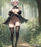  1girl armpit_crease bare_shoulders blush bottomless breasts bush covered_nipples forest gothic_lolita keikreate large_breasts lolita_fashion looking_at_viewer nature navel nier_(series) nier_automata nude open_mouth path pussy shoes short_hair standing thigh_gap thighhighs thighs tree white_hair yorha_no._2_type_b 