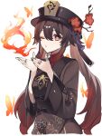 1girl ;o bangs black_headwear black_nails breathing_fire brown_hair bug butterfly chinese_clothes chinese_knot collared_coat colored_tips ebibi_chiriri eyelashes fire flower flower-shaped_pupils genshin_impact genshin_impact_sticker_redraw_(meme) hair_between_eyes hat hat_flower hat_ornament highres hu_tao_(genshin_impact) jewelry long_hair long_sleeves looking_at_viewer meme multicolored_hair multiple_rings one_eye_closed open_mouth plum_blossoms porkpie_hat red_eyes red_shirt ring shirt sidelocks simple_background solo symbol-shaped_pupils thumb_ring twintails white_background wide_sleeves 