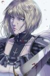  1girl armor blonde_hair blue_eyes bodysuit cape clare_(claymore) claymore claymore_(sword) collarbone copyright_name dirty dirty_face highres jhony_caballero lips pauldrons petals short_hair shoulder_armor solo upper_body white_background white_cape wind wind_lift 
