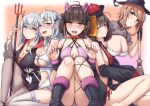  5girls absurdres ahoge akizuki_(kancolle) animal_ears bangle bare_shoulders black_footwear black_headwear blue_eyes boots bracelet breasts broom brown_hair cleavage demon_horns demon_tail fake_animal_ears fake_horns fake_tail fingernails fishnet_pantyhose fishnets fuyutsuki_(kancolle) green_eyes hair_flaps halloween halloween_costume hat hatsuzuki_(kancolle) highres horns jewelry kantai_collection kiritto large_breasts long_hair multiple_girls nail_polish ofuda one_side_up panties pantyhose pink_nails pink_panties polearm ponytail red_headwear red_horns short_hair sitting suzutsuki_(kancolle) tail teruzuki_(kancolle) trident underwear weapon white_hair witch_hat 