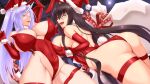  2girls akitsuki_karasu animal_ears ass breast_grab breast_lift breasts cleavage elbow_gloves gloves grabbing hair_between_eyes hat large_breasts long_hair looking_at_viewer multiple_girls original playboy_bunny rabbit_ears santa_hat smile thighs 