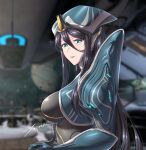  1girl armor banshee_(warframe) black_hair blue_eyes blurry blurry_background bodysuit breasts commentary english_commentary eyelashes headgear humanization long_hair looking_at_viewer looking_back shoulder_armor signature skin_tight warframe zxpfer 