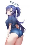 1girl ass bangs black_shirt blue_archive blue_buruma blush breasts buruma closed_mouth cowboy_shot gym_uniform halo hand_on_own_thigh highres long_hair looking_at_viewer looking_back medium_breasts minojko112 official_alternate_costume one_side_up parted_bangs purple_eyes purple_hair shirt short_sleeves simple_background solo star_sticker sticker_on_face thighs underbutt white_background yuuka_(blue_archive) yuuka_(gym_uniform)_(blue_archive) 