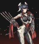  1girl arm_blade black_hair blood blood_on_clothes blood_on_face blood_on_weapon bodysuit breasts claw_(weapon) ear_ornament garuda_(warframe) grin hair_between_eyes hair_ornament highres humanization looking_at_viewer red_eyes short_hair signature simple_background smile solo teeth warframe weapon zxpfer 