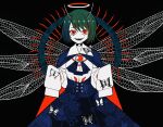  1girl :d antennae ascot bangs black_background blue_ascot blue_cape blue_skirt boku_(isizakitakasi) brooch bug butterfly cape centipede choker commentary cowboy_shot green_hair halo high-waist_skirt highres insect_wings jewelry limited_palette long_sleeves looking_at_viewer open_mouth red_cape red_eyes sharp_teeth shirt short_hair simple_background skirt sleeves_past_fingers sleeves_past_wrists smile solo teeth touhou two-sided_cape two-sided_fabric white_shirt wings wriggle_nightbug 