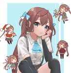  &gt;_&lt; 5girls :d asagumo_(kancolle) ascot bangs bike_shorts black_shorts black_thighhighs blue_ascot blue_background blue_bow blush bow brown_hair brown_skirt capelet chibi collared_shirt confetti dress_shirt feet_out_of_frame fur-trimmed_capelet fur-trimmed_headwear fur_trim green_bow green_eyes grey_jacket grey_skirt hair_between_eyes hair_bow hat jacket jewelry kantai_collection knees_up long_hair looking_at_viewer multiple_girls nuno_(pppompon) party_popper plaid plaid_skirt pleated_skirt purple_sweater red_capelet red_headwear ring santa_costume santa_hat shirt short_shorts shorts shorts_under_skirt sitting skirt smile streamers suspender_skirt suspenders sweater thighhighs twintails two-tone_background very_long_hair wedding_ring white_background white_shirt xd 