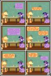  absurd_res applejack_(mlp) blonde_hair clothing comic cowboy_hat dialogue duo english_text equid equine feathers female feral food freckles friendship_is_magic furniture gutovi-kun hair hasbro hat headgear headwear hi_res horn mammal my_little_pony orange_body purple_body purple_feathers table text twilight_sparkle_(mlp) winged_unicorn wings 