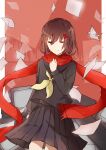  1girl absurdres ayano_no_koufuku_riron_(vocaloid) bangs black_serafuku black_skirt border brown_hair clenched_hand closed_eyes enpera gen_fusuma_yan graphic_equalizer hair_between_eyes hair_ornament hairpin hand_on_own_chest highres kagerou_project light_smile long_sleeves mekakucity_actors monitor neckerchief origami outside_border paper paper_crane pleated_skirt red_background red_scarf scarf school_uniform serafuku skirt solo tateyama_ayano television white_border 
