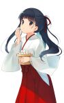  1girl bangs black_eyes black_hair closed_mouth commentary_request eating feet_out_of_frame food hair_ribbon hakama hakama_skirt hand_up high_ponytail highres holding holding_food japanese_clothes long_hair long_sleeves looking_at_viewer miko na-ga original ponytail red_hakama red_ribbon ribbon simple_background skirt solo standing tareme wagashi white_background wide_sleeves 