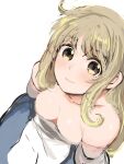  1girl absurdres arc_the_lad arc_the_lad_ii bare_shoulders blonde_hair breasts brown_eyes cleavage closed_mouth collarbone dress highres hosshi_(nariagari) lieza_(arc_the_lad) long_hair looking_at_viewer simple_background sketch smile solo white_background 