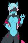  2022 anthro black_background black_sclera blue_hair breasts canid canine digital_media_(artwork) featureless_breasts featureless_crotch female fingers fox gesture glowing hair hand_on_hip mammal navel null one_eye_closed pink_eyes simple_background sky_sly sly_(sky_sly) solo waving waving_at_viewer waving_hand 