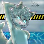  1:1 2022 ambiguous_gender anthro artist_name blue_eyes blush changed_(video_game) colored digital_drawing_(artwork) digital_media_(artwork) english_text fish grey_body hand_behind_back hand_behind_head hi_res lonelywolfyboi looking_at_viewer marine markings pupils requiem_shark shaded shark shark_tail solo text the_shark_(changed) tiger_shark tongue tongue_out white_pupils 