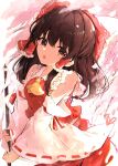  1girl ascot bare_shoulders bow brown_eyes brown_hair detached_sleeves gohei hair_between_eyes hair_bow hair_tubes hakurei_reimu highres holding hunya japanese_clothes long_hair nontraditional_miko open_mouth red_bow red_skirt ribbon-trimmed_sleeves ribbon_trim sidelocks skirt solo touhou upper_body wide_sleeves yellow_ascot 
