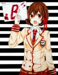  1girl b-ko_(shuuen_no_shiori) bangs blazer blood blood_stain blood_writing brown_eyes brown_hair buttons cardigan character_name double-breasted dress_shirt emblem hair_between_eyes hair_ribbon highres holding holding_paper index_finger_raised jacket long_sleeves marker_(medium) monochrome_background necktie open_mouth paper plaid plaid_skirt red_necktie red_ribbon red_skirt ribbon sana_(pixiv9845436) school_emblem school_uniform shirt short_hair shouting shuuen_no_shiori_project skirt sleeve_cuffs striped striped_background sweater traditional_media upper_body white_shirt wing_collar 