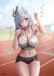  1girl absurdres bangs black_buruma blue_eyes blurry blurry_background breasts buruma cleavage collarbone day earphones earrings genshin_impact grey_sports_bra hair_ornament hair_over_one_eye highres holding jewelry large_breasts long_bangs looking_at_viewer navel nori_chazuke outdoors parted_lips running_track shenhe_(genshin_impact) signature smile solo speech_bubble sports_bra sunlight sweat tassel tassel_earrings track_and_field 