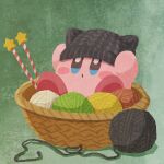  basket beanie commentary_request hat highres kirby kirby_(series) knitting_needle miclot needle no_humans sitting yarn yarn_ball 