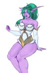  blue_eyes colored_skin elf glowing glowing_eyes gold_trim green_hair highres long_eyebrows long_pointy_ears muscular muscular_female night_elf_(warcraft) pointy_ears purple_skin sienna_artwork tyrande_whisperwind warcraft world_of_warcraft 