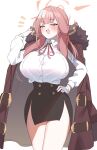  1girl akitokage aru_(blue_archive) black_skirt blue_archive breasts brown_coat coat fur_collar gloves hand_on_hip highres horns large_breasts long_hair open_mouth orange_eyes pink_hair pink_ribbon ribbon shirt skirt solo white_gloves white_shirt 