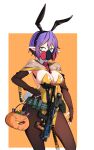  1girl animal_ears bangs between_breasts black_hairband breasts brown_gloves brown_pantyhose candy cleavage commentary_request elbow_gloves fake_animal_ears fingerless_gloves food gloves green_eyes gun hair_between_eyes hairband halloween_bucket highres large_breasts leotard looking_at_viewer orange_background original pantyhose playboy_bunny pointy_ears purple_hair rabbit_ears respirator sate short_hair solo strapless strapless_leotard two-tone_background weapon weapon_request white_background yellow_leotard 