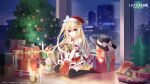  1girl bare_shoulders black_thighhighs blonde_hair breasts candle christmas christmas_tree cleavage date_a_live date_a_live:_spirit_pledge gift gloves hat high_heels highres indoors light_smile long_hair looking_at_viewer mayuri_(date_a_live) on_floor red_eyes red_footwear red_gloves santa_costume santa_hat sitting snowman solo thighhighs window 