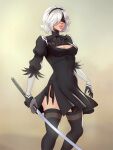 black_blindfold black_dress black_hairband blindfold boots cleavage_cutout clothing_cutout covered_eyes dress feather-trimmed_sleeves feather_trim gloves hairband juliet_sleeves katana leather leather_boots long_sleeves nier_(series) nier_automata puffy_sleeves sienna_artwork sword thigh_boots thighhighs thighhighs_under_boots two-sided_dress two-sided_fabric weapon white_hair yorha_no._2_type_b 
