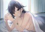  1girl absurdres asmr bangs bare_shoulders bed_sheet black_hair blush breasts brown_eyes collarbone curtains grin hair_between_eyes highres indoors kokusan_moyashi large_breasts light_particles long_hair looking_at_viewer lying naked_sheet non-web_source nude on_bed on_stomach original own_hands_together pillow smile solo swept_bangs teeth under_covers window 