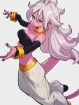  1girl android_21 black_sleeves blue_eyes bracelet breasts choker cleavage colored_skin detached_sleeves dragon_ball dragon_ball_fighterz earrings grey_background hair_between_eyes hoop_earrings jewelry kemachiku long_hair majin_android_21 medium_breasts midriff open_mouth pink_skin simple_background solo tail white_hair yellow_choker 