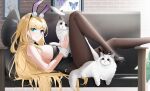  1girl animal animal_ears azur_lane black_bow black_bowtie black_leotard blonde_hair blue_eyes bow bowtie breasts cat couch cuff_links fake_animal_ears high_heels highres holding holding_animal knee_up large_breasts leotard looking_at_viewer lying north_carolina_(azur_lane) north_carolina_(the_heart&#039;s_desire)_(azur_lane) official_alternate_costume on_back on_couch pantyhose playboy_bunny qing_wu rabbit_ears strapless strapless_leotard wrist_cuffs 