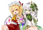  2girls artist_name ascot back_bow bangs bare_shoulders blonde_hair blush bow bracelet cape collared_shirt cross-shaped_pupils crossover crystal detached_sleeves dress eyes_visible_through_hair fang flandre_scarlet frills genshin_impact gotou_(nekocat) green_cape green_eyes green_hair grey_hair grey_socks hair_between_eyes hair_ornament hand_up hands_up hat hat_bow heart heart_hair_ornament jewelry long_hair looking_at_another looking_at_viewer mob_cap multicolored_hair multicolored_wings multiple_girls nahida_(genshin_impact) one_side_up open_mouth pointy_ears ponytail puffy_short_sleeves puffy_sleeves red_bow red_eyes red_skirt red_vest shirt short_hair short_sleeves side_ponytail signature simple_background sitting skirt skirt_set smile socks symbol-shaped_pupils teeth tongue touhou two-tone_hair vest white_background white_dress white_headwear white_shirt wings wrist_cuffs yellow_ascot 