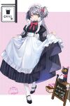  1girl :d absurdres animal apron bangs black_cat black_dress black_footwear book breasts cat commentary_request dress frilled_apron frills full_body grey_hair highres jiujiuyatou_(yayanzz) juliet_sleeves long_sleeves looking_at_viewer maid medium_breasts menu_board one_side_up original pantyhose pink_background puffy_sleeves red_eyes shoes signature skirt_hold smile solo standing striped striped_dress two-tone_background vertical-striped_dress vertical_stripes white_apron white_background white_pantyhose 