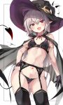  1girl :d absurdres bangs bare_shoulders belt bikini black_bikini black_gloves black_headwear black_thighhighs blush body_writing breasts cape demon_tail demon_wings fang garter_belt gloves hand_on_hip hat heart highres long_hair looking_at_viewer navel open_mouth original paid_reward_available pointy_ears pubic_tattoo red_eyes simple_background skin_fang small_breasts smile solo spoken_heart standing swimsuit tail tattoo thighhighs toshizou_(0714) white_background white_hair wings witch_hat 