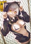  1girl animal_ears animal_hood bikini black_bikini black_jacket black_thighhighs blurry breasts chain-link_fence cleavage covered_nipples cowboy_shot depth_of_field drawstring earphones fake_animal_ears fence hands_up highres hood hooded_jacket ikeda_yasuhiro jacket large_breasts long_sleeves looking_at_viewer mask mask_around_neck micro_bikini midriff nail_polish navel open_clothes open_jacket original paw_pose respirator sailor_bikini sailor_collar short_hair smile solo standing stomach string_bikini swimsuit thighhighs white_hair yellow_eyes 