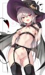  1girl :d absurdres bangs bare_shoulders belt black_gloves black_headwear black_thighhighs blush body_writing breasts cape demon_tail demon_wings fang garter_belt gloves hand_on_hip hand_up hat heart highres long_hair looking_at_viewer navel nipples open_mouth original paid_reward_available pointy_ears pubic_tattoo pussy pussy_juice red_eyes simple_background skin_fang small_breasts smile solo spoken_heart standing tail tattoo thighhighs toshizou_(0714) white_background white_hair wings witch_hat 