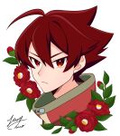  1boy ahoge bangs closed_mouth commentary_request fatalita flower hair_between_eyes high_collar highres jacket male_focus pokemon pokemon_(anime) pokemon_journeys portrait quillon_(pokemon) red_eyes red_flower red_hair red_jacket signature solo white_background 