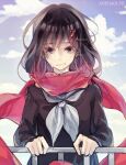  1girl anisakichi black_hair black_serafuku blue_sky brown_eyes cloud gradient_sky hair_ornament hairpin hand_on_railing kagerou_project light_frown long_hair long_sleeves looking_at_viewer multiple_hairpins neckerchief railing red_scarf scarf school_uniform serafuku sketch sky sky_background solo solo_focus tateyama_ayano tearing_up upper_body white_neckerchief 