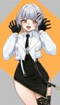  1girl :d absurdres bandaid bandaid_on_face bandaid_on_nose black_gloves black_necktie black_skirt brown_background brown_eyes brown_hair collared_shirt commentary fangs fishnet_pantyhose fishnets gloves grey_background grey_hair hachi_(live_union) hair_ornament hands_up highres ivan_wang jacket live_union long_sleeves looking_at_viewer multicolored_hair necktie open_clothes open_jacket pantyhose shirt single_leg_pantyhose skirt smile solo two-tone_background two-tone_hair virtual_youtuber white_jacket white_shirt 