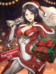  1girl 2021 :d blue_eyes bodysuit breasts brown_hair christmas cleavage gift hat highres holding holding_sack looking_at_viewer lotus_(warframe) margulis_(warframe) merry_christmas open_mouth ordis_(warframe) sack santa_hat signature smile solo warframe zxpfer 