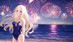  1girl arms_behind_back beach blonde_hair blue_eyes blue_one-piece_swimsuit breasts competition_school_swimsuit copyright_name cowboy_shot fireworks forehead highres horizon kofune_ushio liht long_hair night school_swimsuit small_breasts summertime_render swimsuit 