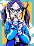 1girl bangs blue-framed_eyewear blue_eyes blue_jacket commentary_request forehead glasses hand_to_own_mouth hands_up harada_yuuichi highres hood hood_down hooded_jacket jacket long_hair long_sleeves nail_polish open_mouth original parted_bangs puffy_long_sleeves puffy_sleeves purple_hair purple_skirt shirt sidelocks skirt sleeves_past_wrists solo teeth twintails upper_teeth white_shirt yellow_nails 
