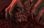  1boy aki_(akistrike) berserk black_hair blood blood_on_face claws clenched_teeth commentary crying crying_with_eyes_open english_commentary guts_(berserk) held_down injury male_focus no_pupils restrained short_hair spiked_hair tears teeth topless topless_male twitter_username 