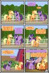  2022 absurd_res applejack_(mlp) blonde_hair blush clothing colored comic cowboy_hat dialogue english_text equid equine feathers female feral freckles friendship_is_magic gutovi-kun hair hasbro hat headgear headwear hi_res horn mammal my_little_pony outside plant purple_body purple_feathers text tree twilight_sparkle_(mlp) winged_unicorn wings 