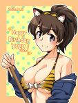  1girl animal_print bikini blush breasts brown_eyes brown_hair cleavage closed_mouth collarbone dated girls_und_panzer happy_birthday koyama_yuzu large_breasts looking_at_viewer military military_uniform ooarai_military_uniform oosaka_kanagawa ponytail shiny shiny_hair shiny_skin smile solo striped striped_bikini swimsuit tiger_print tiger_stripes uniform 