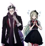  1boy 1girl absurdres bandaged_arm bandages bangs black_bow black_dress black_hair black_jacket black_pants black_scarf blonde_hair bow bowtie braid breasts collared_shirt cowboy_shot danganronpa_(series) danganronpa_2:_goodbye_despair dress grey_background grey_hair grey_shirt hair_bow hand_up heart highres jacket kanmi_(kanmiland) long_hair long_sleeves medium_breasts multicolored_hair open_clothes open_jacket own_hands_together pants puffy_short_sleeves puffy_sleeves red_bow red_bowtie scarf shirt short_sleeves simple_background smile sonia_nevermind tanaka_gandamu two-tone_hair 