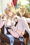  1girl between_legs between_thighs blonde_hair blush breasts chess_piece cleavage couch crown curtains day detached_sleeves dress feet_out_of_frame flower from_side gem genshin_impact glint hair_between_eyes hair_flower hair_intakes hair_ornament highres holding holding_chess_piece holding_scepter indoors leaning_back lily_(flower) long_sleeves looking_at_viewer lumine_(genshin_impact) medium_breasts mini_crown on_chair on_couch parted_lips queen_(chess) reclining red_gemstone scarf scepter short_hair_with_long_locks sitting sleeveless sleeveless_dress smile solo staff sunlight thighhighs white_dress white_flower white_scarf white_sleeves white_thighhighs window yellow_eyes yellow_nails yoshitoki_(kisshin) 