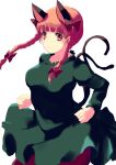  1girl animal_ears bangs blunt_bangs bow braid breasts cat_ears dress forked_tail fumikiri_(dake_no_hito) green_dress hair_bow highres juliet_sleeves kaenbyou_rin large_breasts light_smile long_sleeves looking_at_viewer nekomata pantyhose puffy_sleeves red_eyes red_hair simple_background solo tail touhou twin_braids white_background 