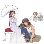  aged_up animal braid braided_ponytail brown_hair dress gloves highres if_they_mated ilia_(zelda) link mims_(mimimon) parasol pointy_ears princess_zelda scar simple_background sitting sleeveless smile speech_bubble the_legend_of_zelda the_legend_of_zelda:_twilight_princess umbrella white_gloves 