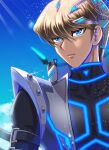  1boy bangs black_bodysuit blue_eyes blue_sky bodysuit brown_hair closed_mouth frown hair_between_eyes highres kaiba_seto male_focus short_hair sky sunlight tanioka_(yiyiyi) upper_body yu-gi-oh! yu-gi-oh!_the_dark_side_of_dimensions 